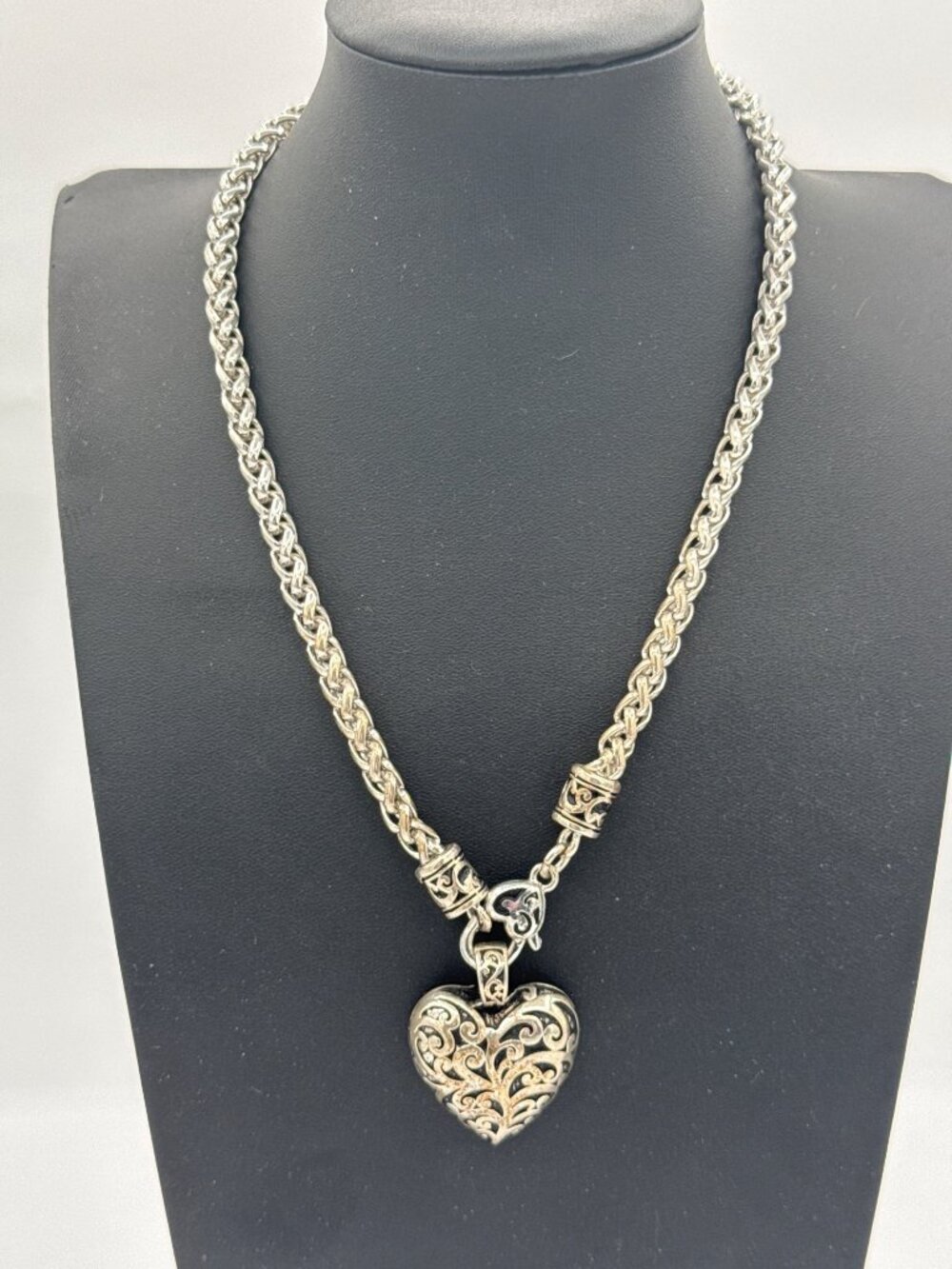 Vintage Ornate Silver Scrolled Puffy Heart Pendant Wheat Chain Coquette Necklace